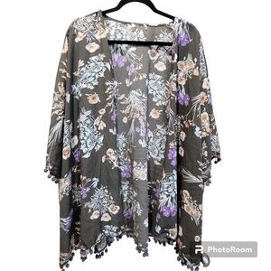 M/L Kimono Pom Pom Hem Floral  Brown Boho Beachy Coverup Cottagecore